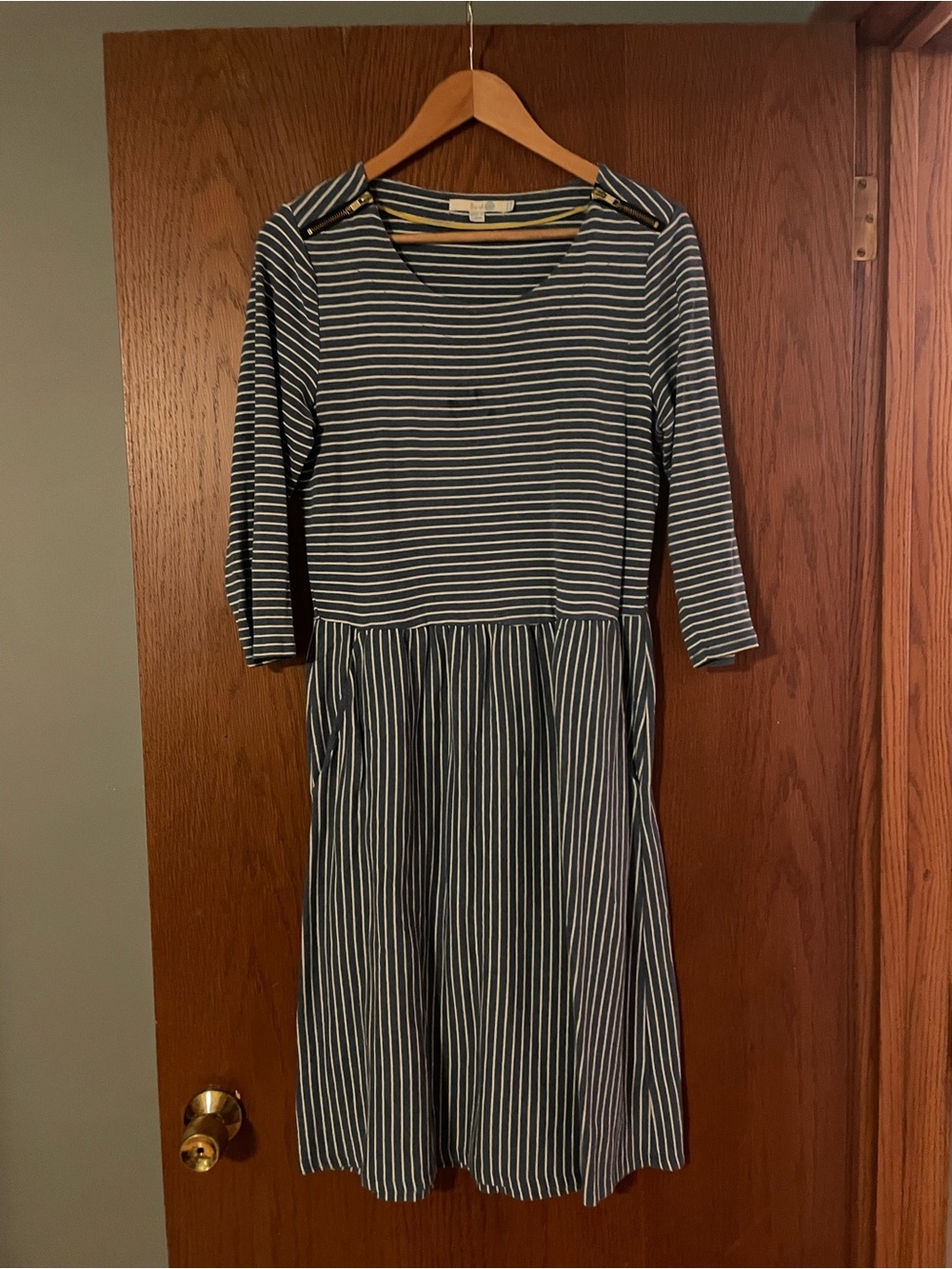 Boden Navy Striped Mixed-Stripe Dress Zip Shoulders Size 12